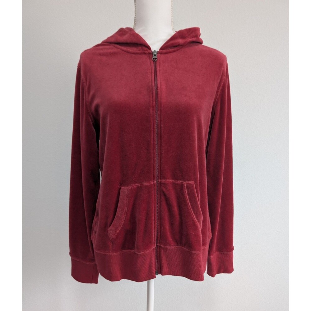 TEK GEAR Womens Velour Full Zip Hoodie Burgundy Kangaroo Pockets Long Sleeve L